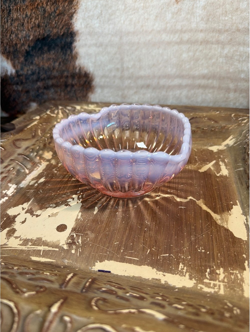 Vintage Fenton Pink and White Glass Heart-Shaped Bowl